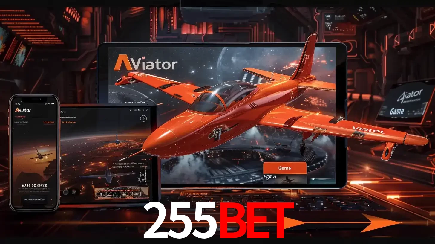 Apresentação tecnológica do jogo Aviator com um avião saindo da tela de um tablet, demonstrando a experiência imersiva em múltiplos dispositivos no 255BET.