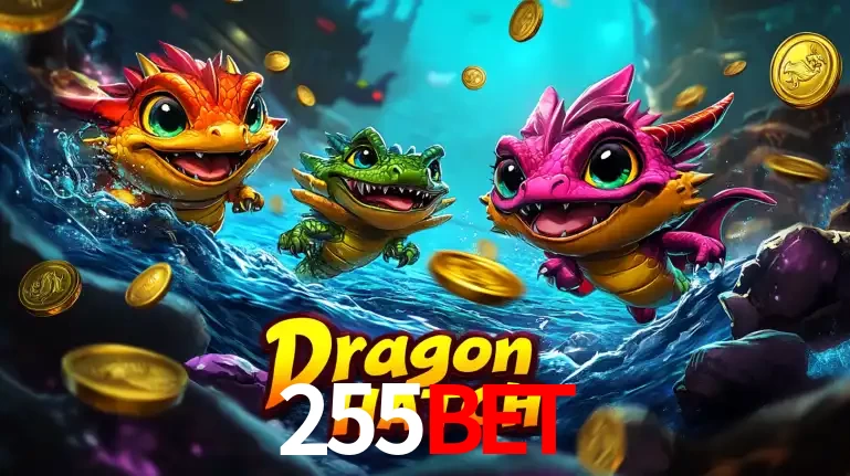 Arte promocional do jogo Dragon Hatch com três adoráveis dragões bebês nadando entre moedas de ouro, um dos slots mais divertidos para jogar no cassino 255BET.