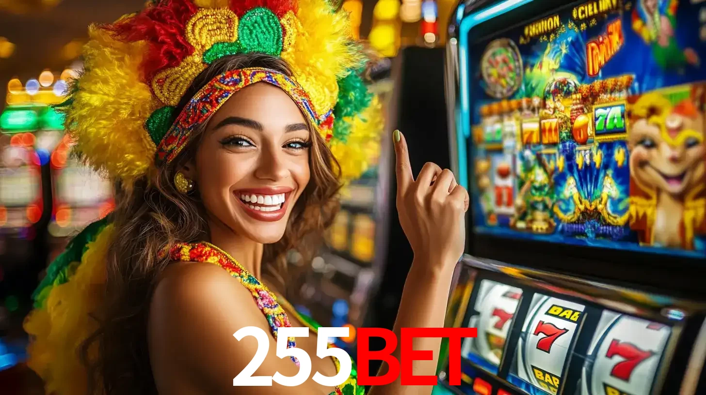 Mulher animada com um cocar de carnaval apontando para uma máquina de caça-níqueis, mostrando a emoção de ganhar um grande prêmio nos jogos do 255BET.