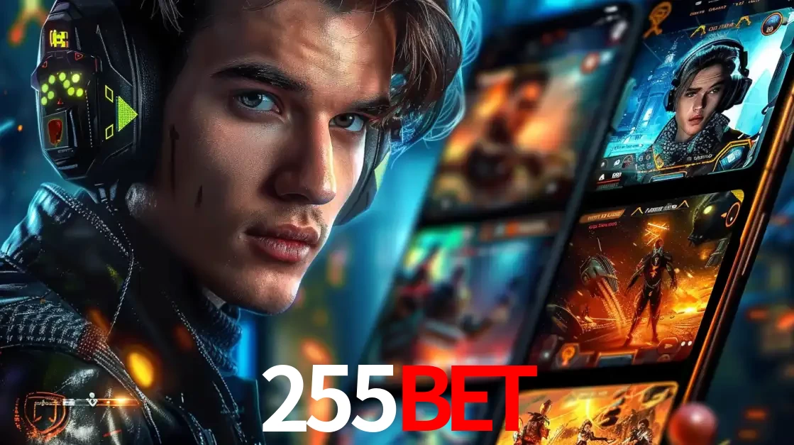 Jovem jogador com fones de ouvido olhando para a câmera, com um aplicativo de jogos e e-sports para celular ao fundo, pronto para a competição e apostas no 255BET.