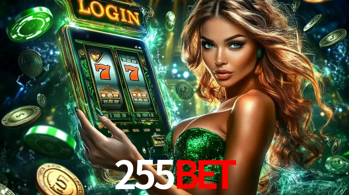 Mulher com tema verde apresentando o aplicativo do cassino 255BET com um jogo de slot de 777, cercada por fichas de cassino e uma aura de sorte.