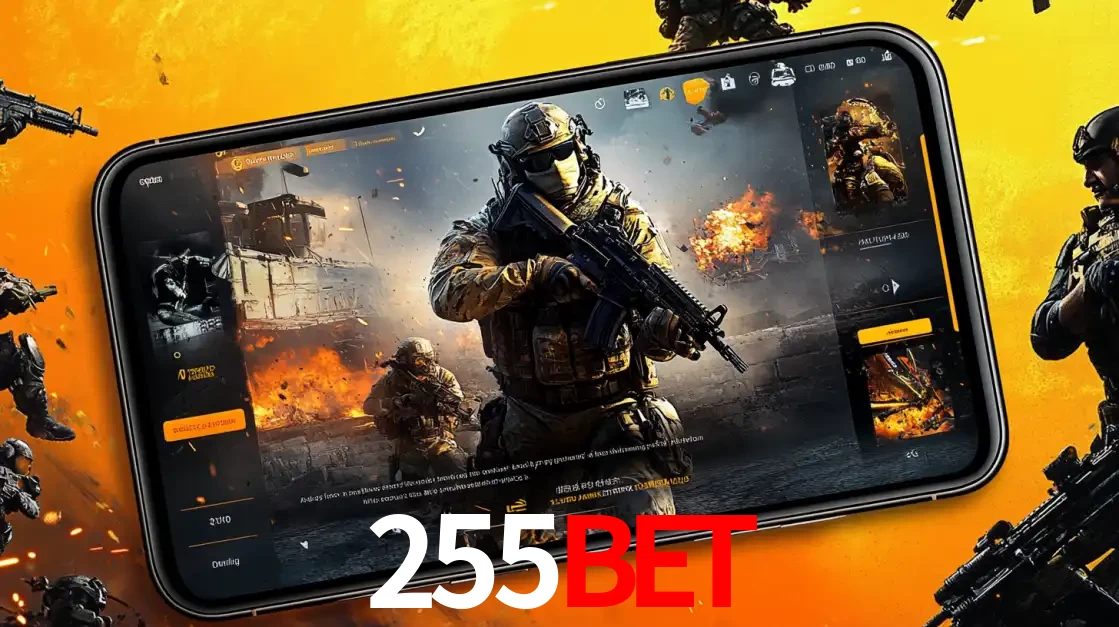 Um smartphone exibindo a interface de um jogo de tiro em primeira pessoa, com um soldado em um cenário de batalha, representando a ação dos e-sports para apostar no 255BET.