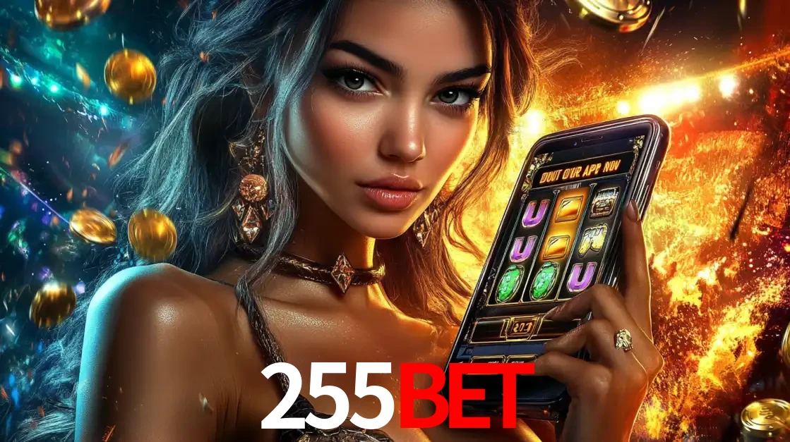 Mulher elegante mostrando um jogo de caça-níqueis em seu smartphone, destacando a experiência de cassino móvel oferecida pelo aplicativo 255BET.