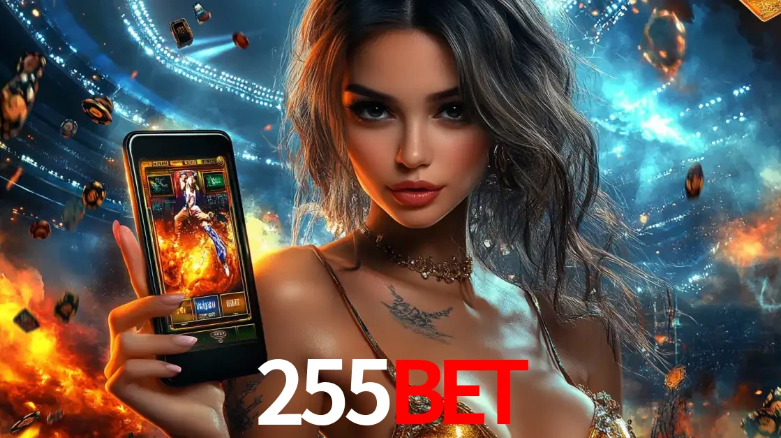 Mulher segurando um celular com um jogo de slot em destaque, tendo como fundo um estádio vibrante, simbolizando a emoção de jogar no cassino móvel 255BET.